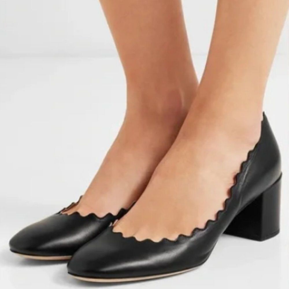 CHLOE Lauren Scalloped Leather Pumps Curved Block Heels Slip On 37.5 / 7.5 Black - Picture 5 of 16